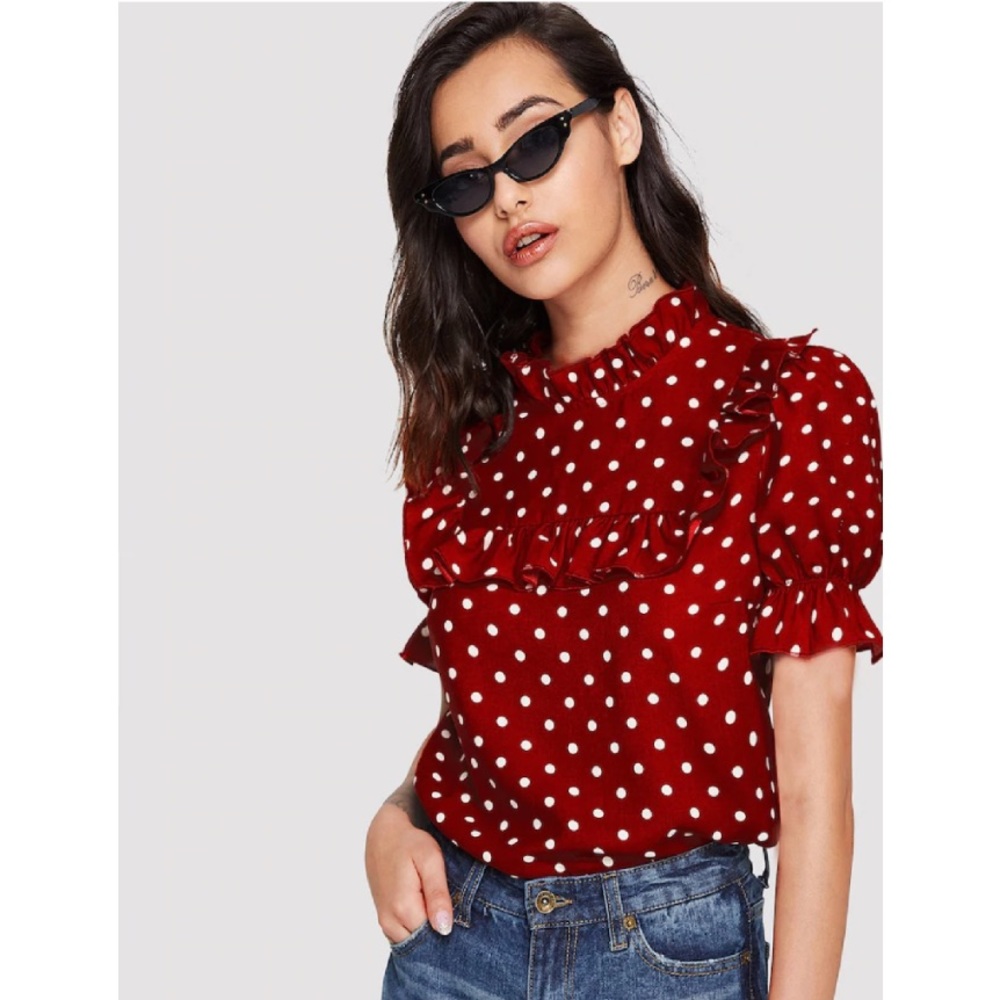 red polka dot top